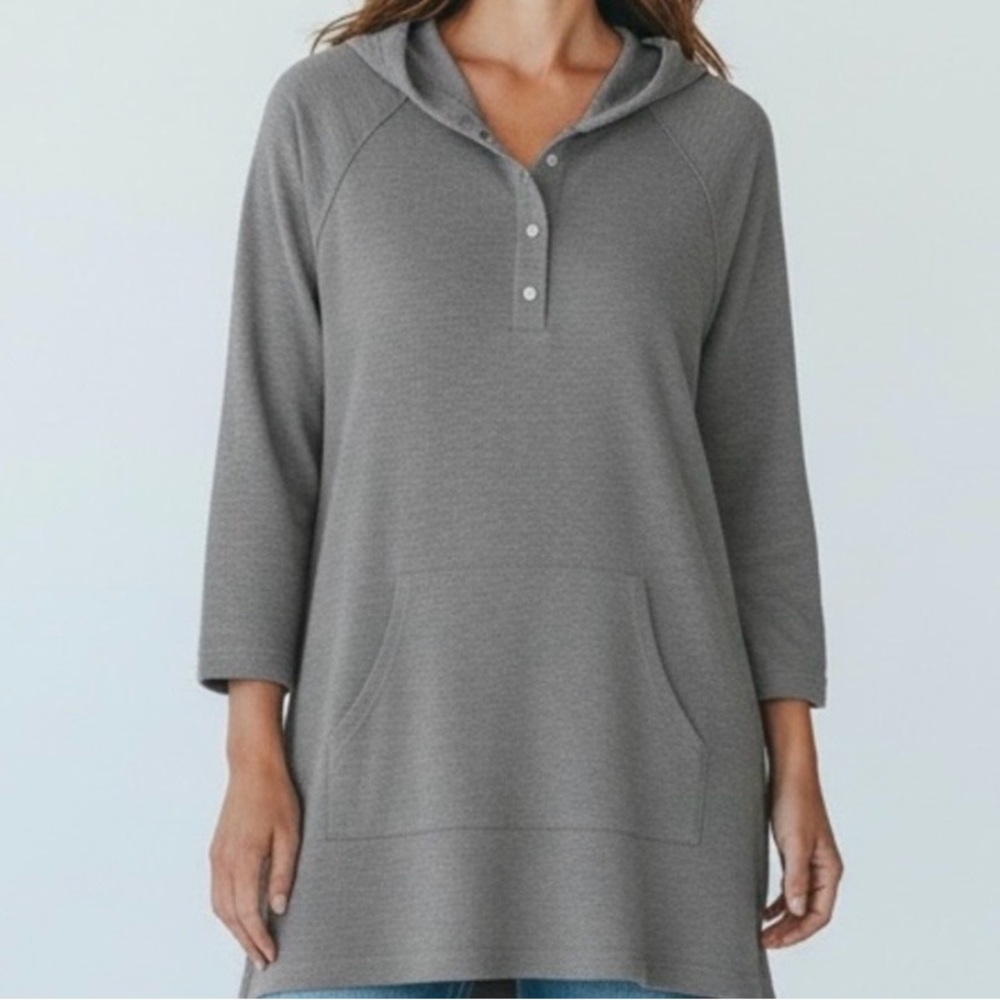 J. Jill Fit Hoodie Womens‎ XL Sweater Ribbed Gray Tunic Hooded Snap Front Top